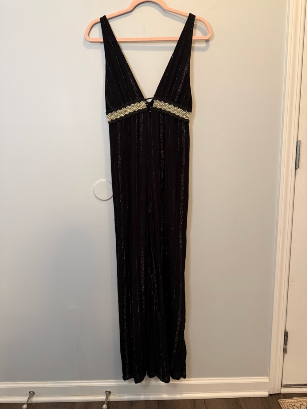 River Island Black Plunge Wide Leg Metallic Beach Jumpsuit XS Vacation - Picture 9 of 12